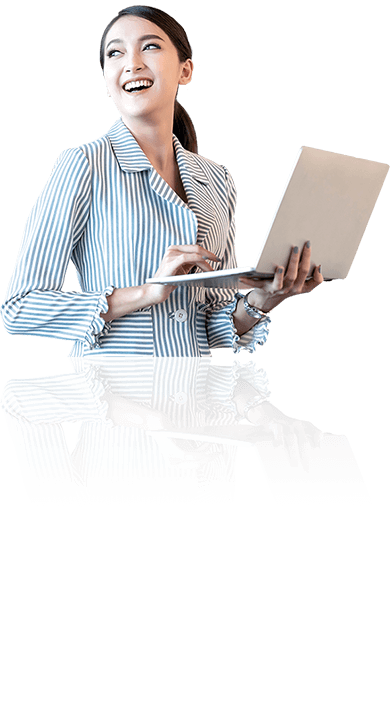 Woman smiling holding a laptop. CIC makes work spaces more productive with superb commercial air conditioners.